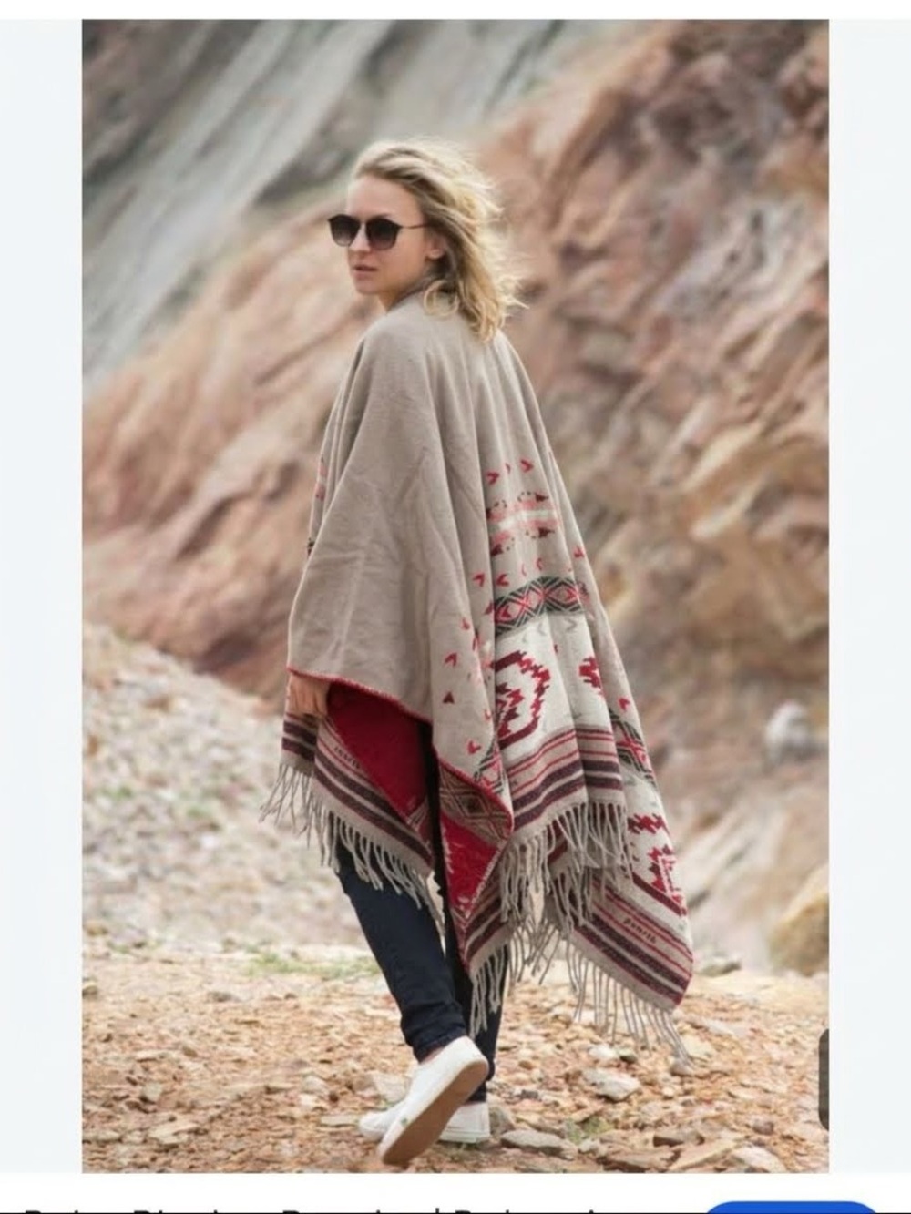 American Eagle Outfitters Beige and Red Aztec Fringe Poncho